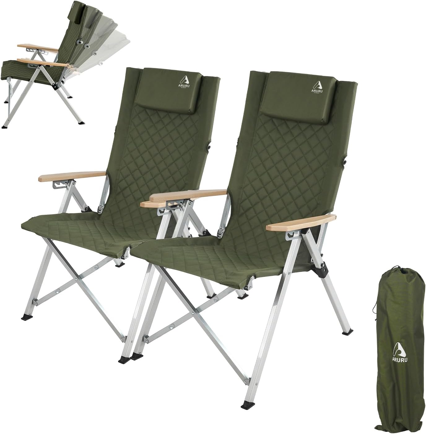 Reclining Camping Chair, Heavy Duty Folding Chairs with 4-Stage Adjustable High Back for Adults, Compact Foldable Outdoor Patio Reclining Chair with Storage Bag (Green, 2 Pack)