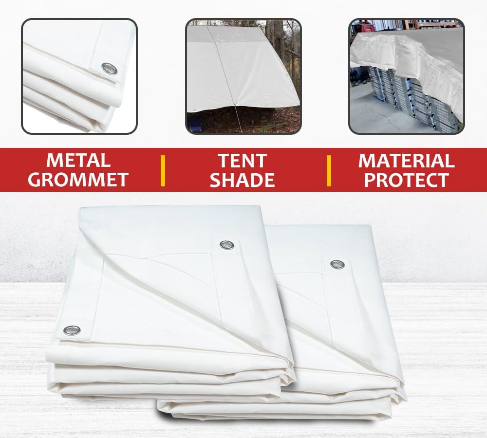 8' x 10' White Canvas Tarp 12oz - Water Resistant & Breathable - Heavy Duty Tarps - Multipurpose Tarpaulin Cover for Camping Tent
