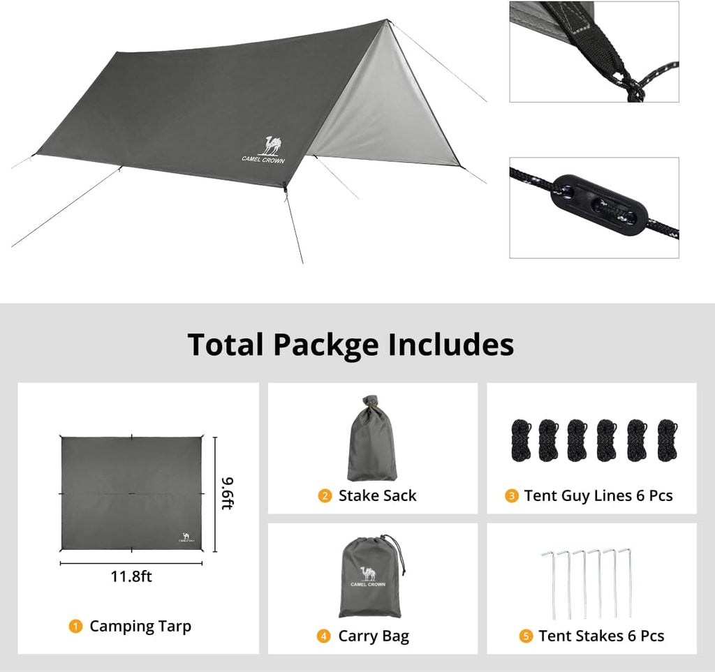 CAMEL CROWN Camping Tarp,3000mm Waterproof & UPF 50+ Sun Protection Rain Fly Tarp - Lightweight Portable Camping Shelter with Stakes, Guy Lines & Carry Bag, for Hiking Backpacking Beach Picnic Shade