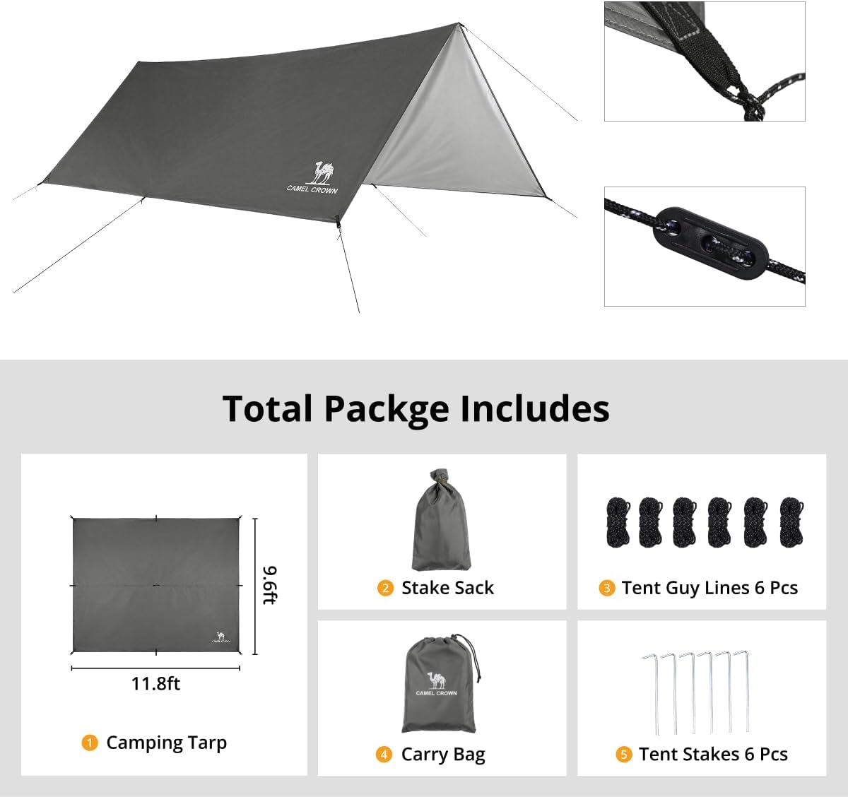 CAMEL CROWN Camping Tarp,3000mm Waterproof & UPF 50+ Sun Protection Rain Fly Tarp - Lightweight Portable Camping Shelter with Stakes, Guy Lines & Carry Bag, for Hiking Backpacking Beach Picnic Shade