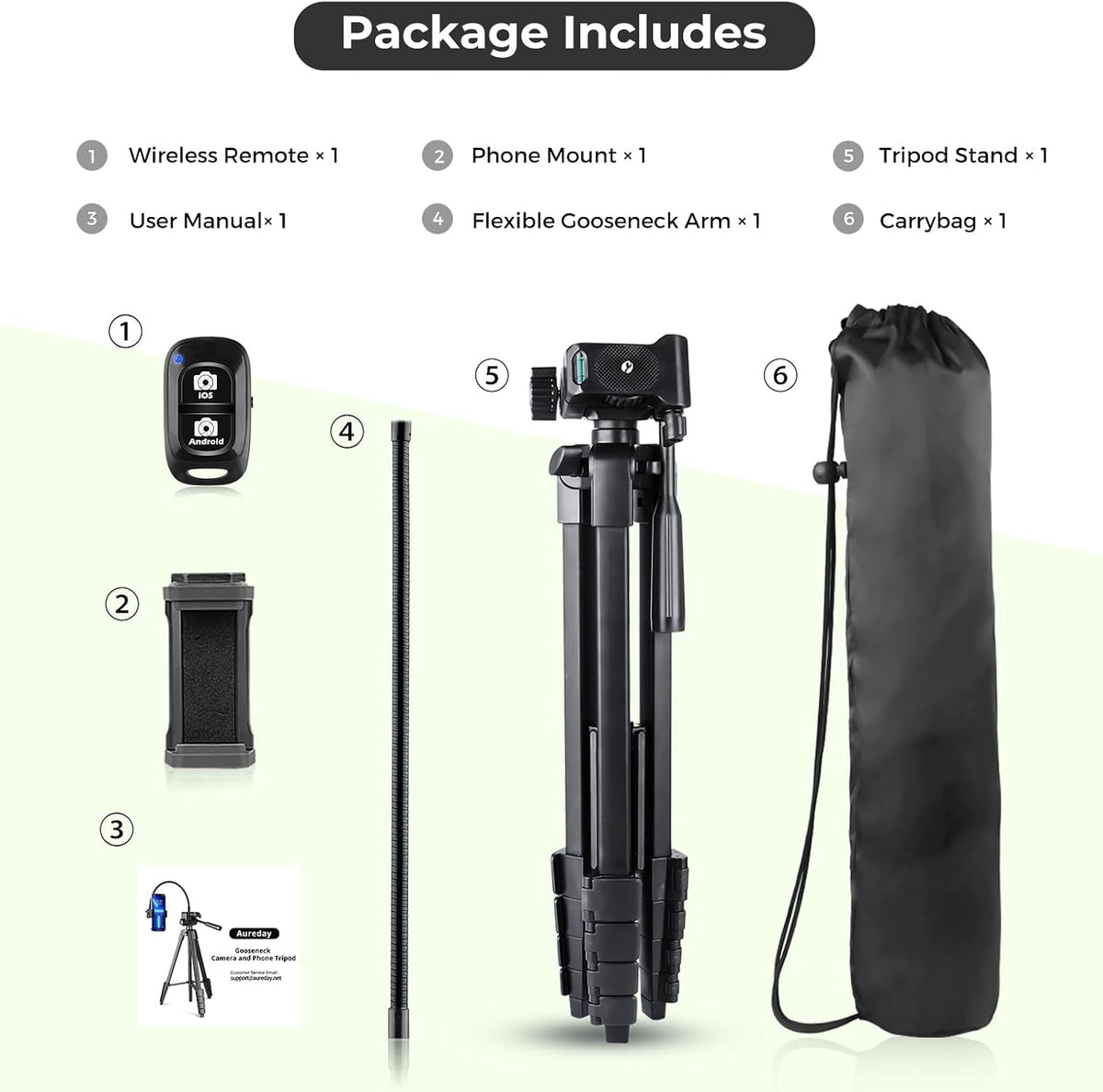 Aureday Phone Tripod, 82" Tripod for iPhone with Flexible Gooseneck, Wireless Remote and Phone Holder, Extendable Cell Phone&Camera Tripod Stand for Selfies/Video Recording/Live Streaming/Vlogging