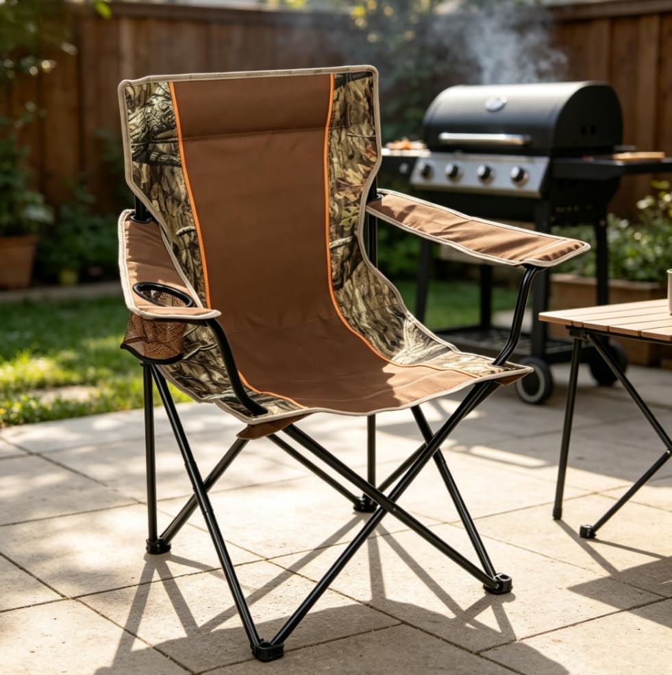 Camouflage Padded Quad Folding Camping Chair for Adults, Soft Arm Outdoor Lawn Chair with Cup Holder & Carry Bag for Fishing Tailgating Beach Picnic