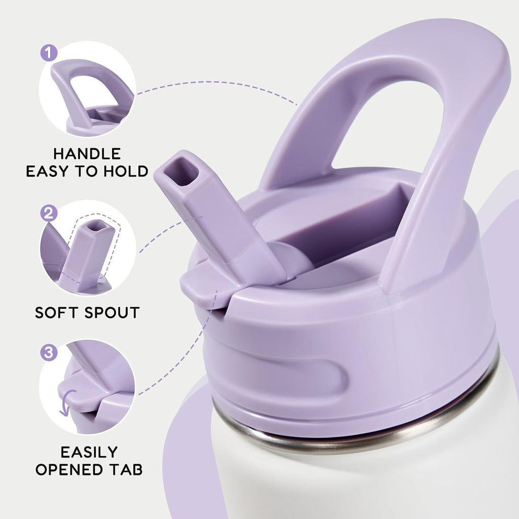 Fijinhom 12oz Water Bottle for School, Bottles with Straws, Stainless Steel Vacuum Insulated Water Bottle, Leak-Proof, BPA-Free, Gentle Purple + Luck