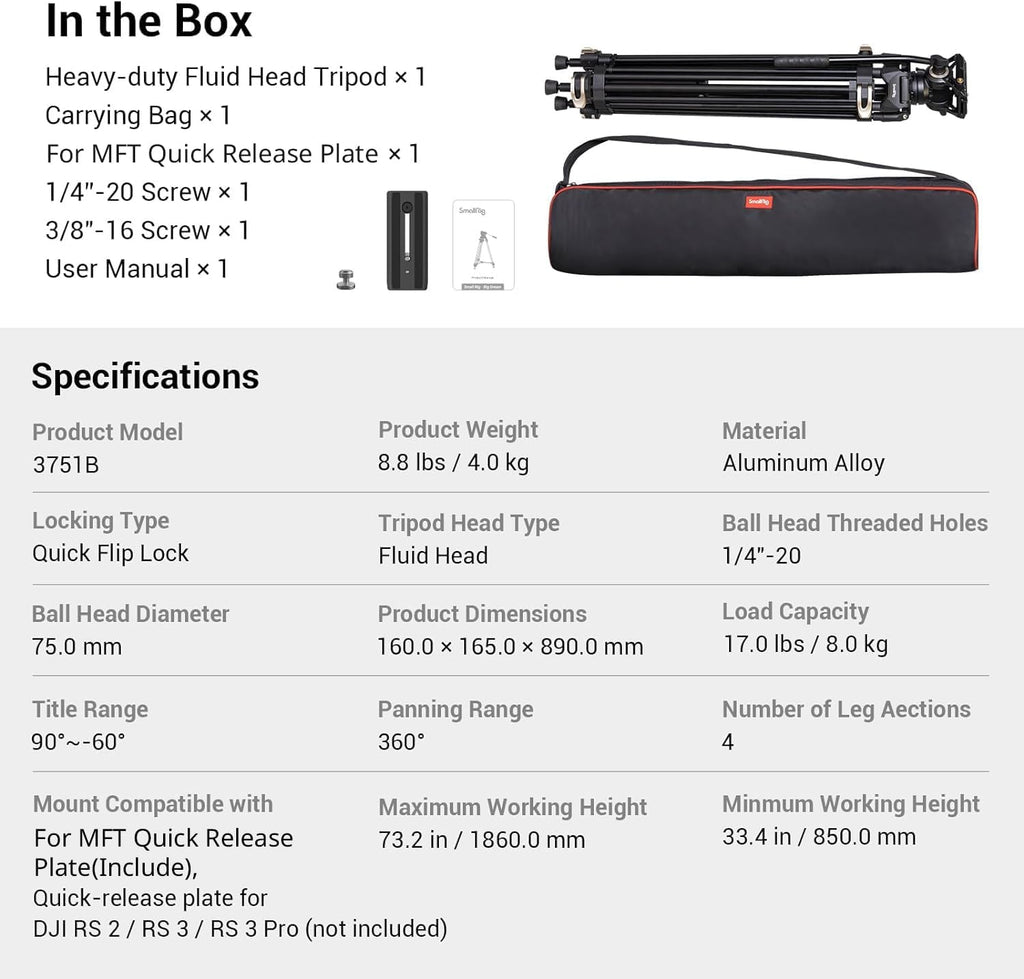 SmallRig 73.2"/ 186cm Heavy Duty Video Tripod with Fluid Head AD-01