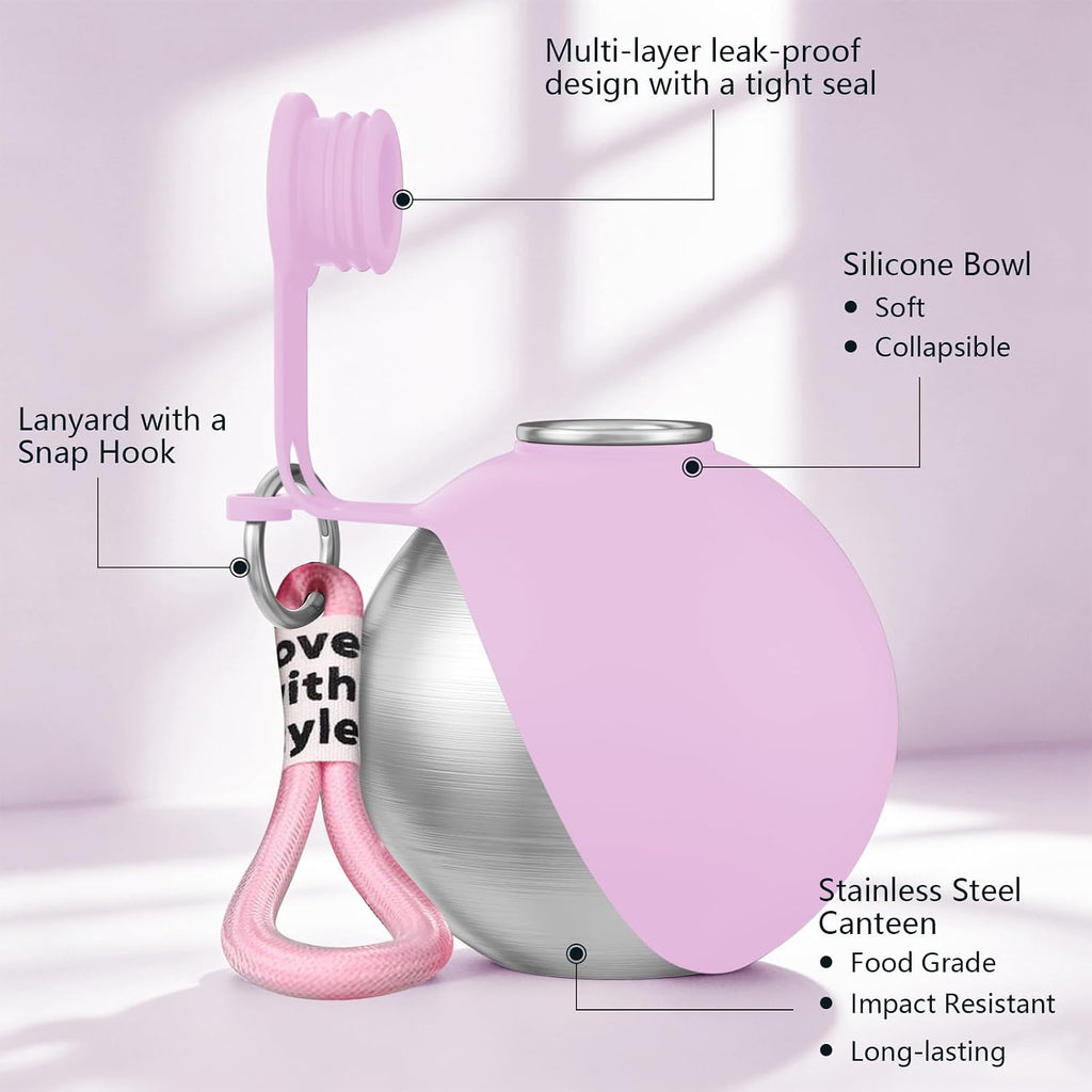 2 in 1 Dog Water Bottle with Bowl, 10oz Stainless Steel - Pink