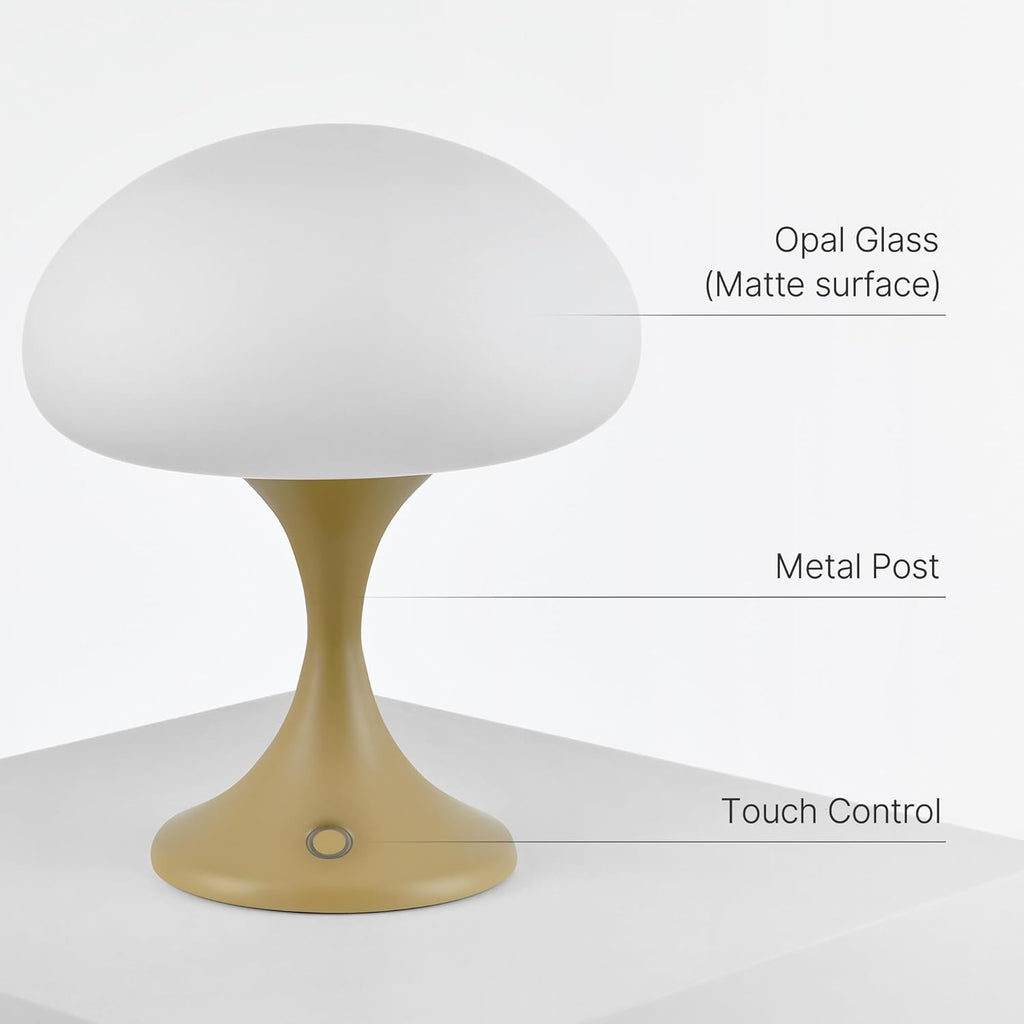 MAGCHARM Mushroom Lamp, 5W LED Cordless Rechargeable Table Lamp with Glass Shade, Small Retro Dimmable Touch Light with 3 Color Temps, Aesthetic Mid Century Bedside Light for Bedroom Ambient, Mustard