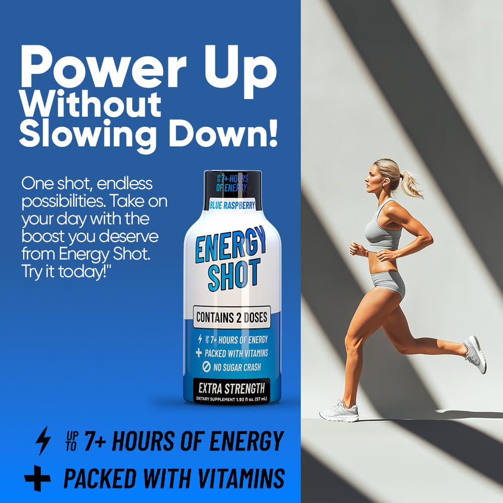 Blue Raspberry Extra Strength Energy Shot 24 pk – 260mg Natural Caffeine B12 B6 – Energy & Focus Support – 2 Servings Sugar Free Zero Calorie Green Tea B-Vitamins Electrolytes Vegan – 1.93 fl oz