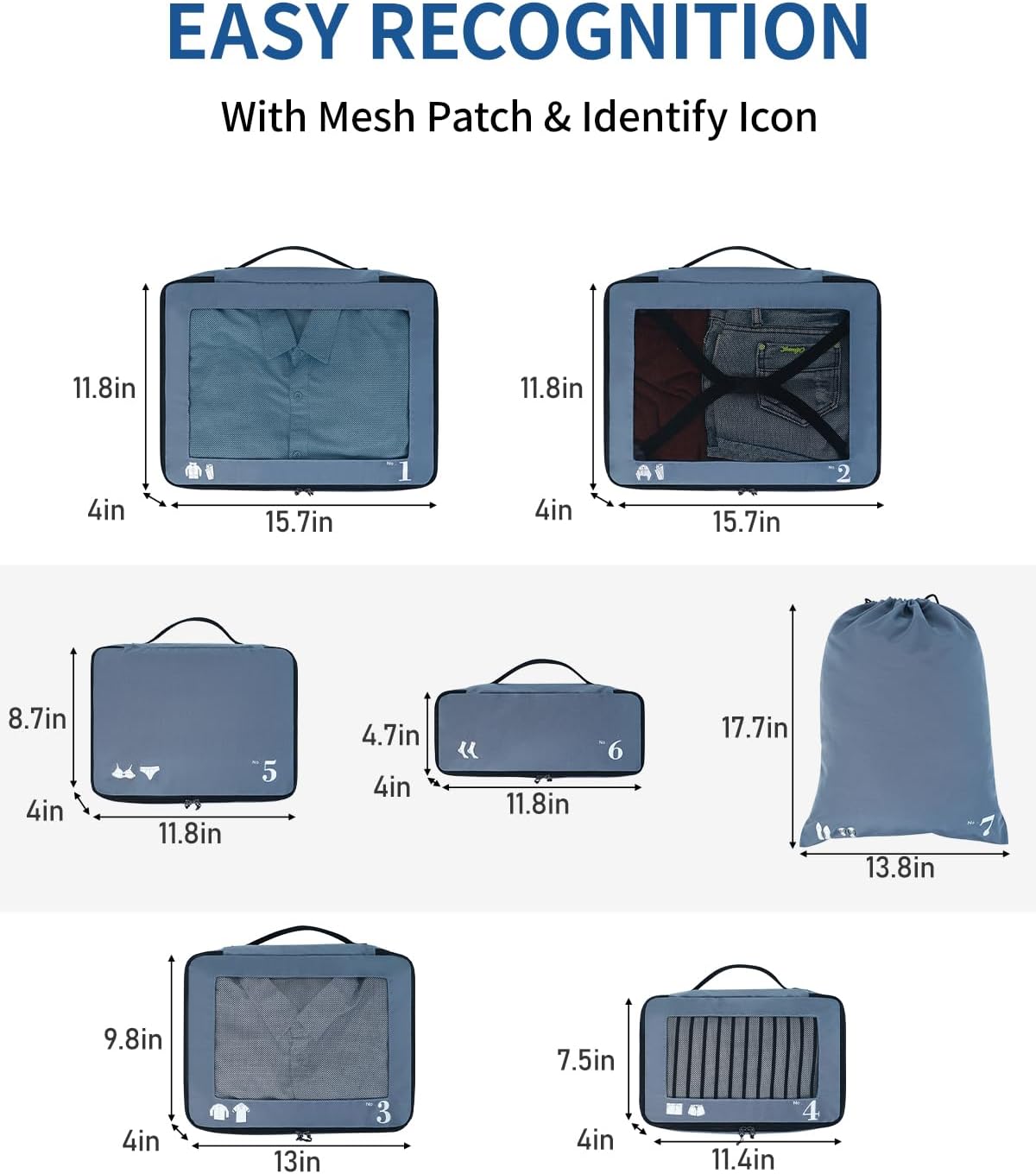 ECOHUB 7 Set Packing Cubes Tear-Resistant Luggage Packing Organizers with Number Icon for Travel Accessories Luggage Suitcase Machine Washable Packing Cubes (Blue)