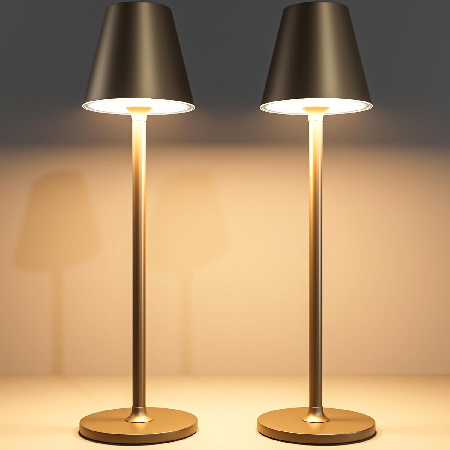 Timjorman 2-Pack Cordless Table Lamps - 5000mAh Rechargeable Battery Operated Desk Lamp, 3-Level Dimmable LED Night Light for Bedroom, Dining, Restaurant - Metal Design(Khaki-2Pack)