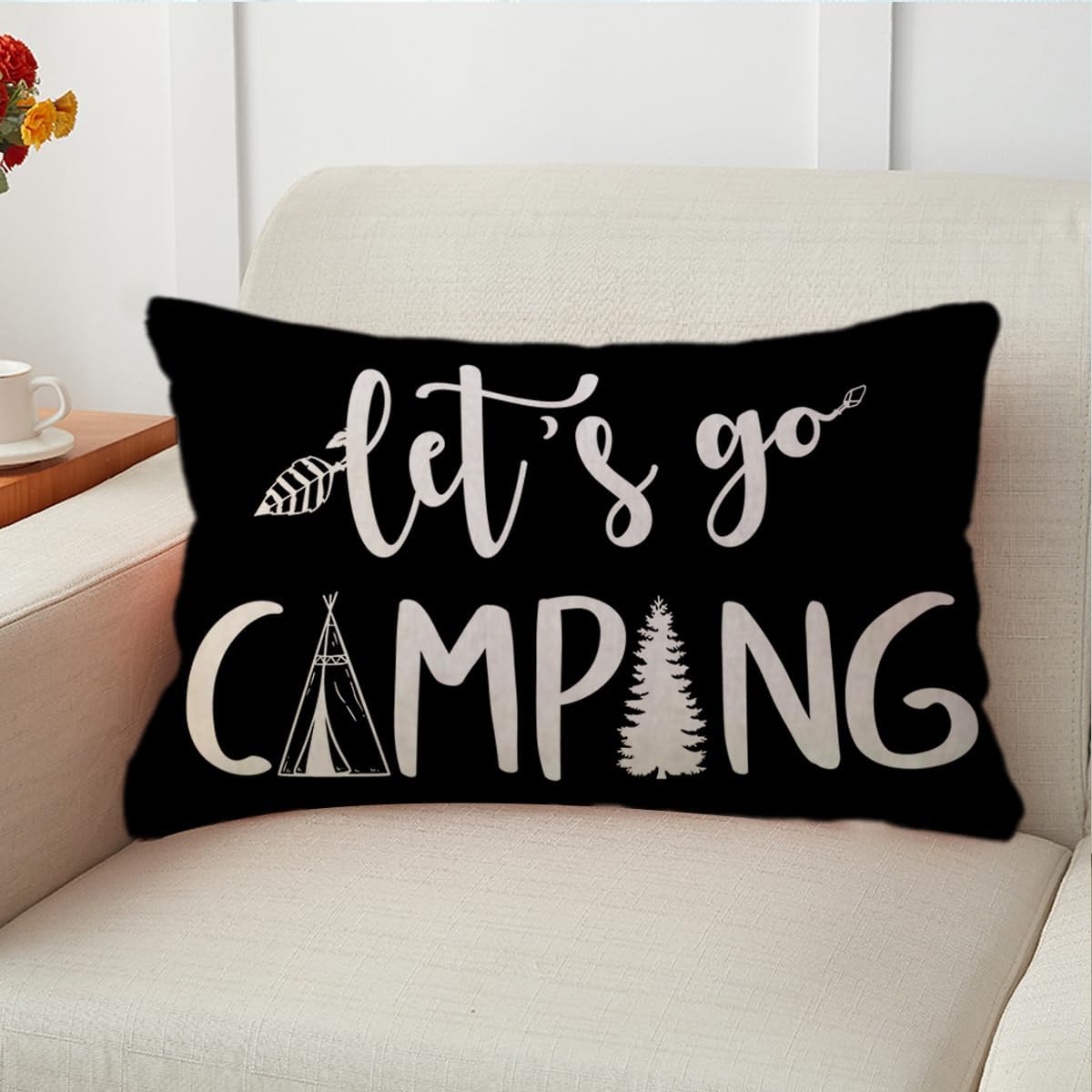 Adventure Camper Decorative Lumbar Pillowcase Double-sided Let’s Go Camping/Adventure Awaits Throw Pillow Covers Cabin/Camper Cushion Covers 12x20,2Pack for Sofa/Couch/Porch (Black)