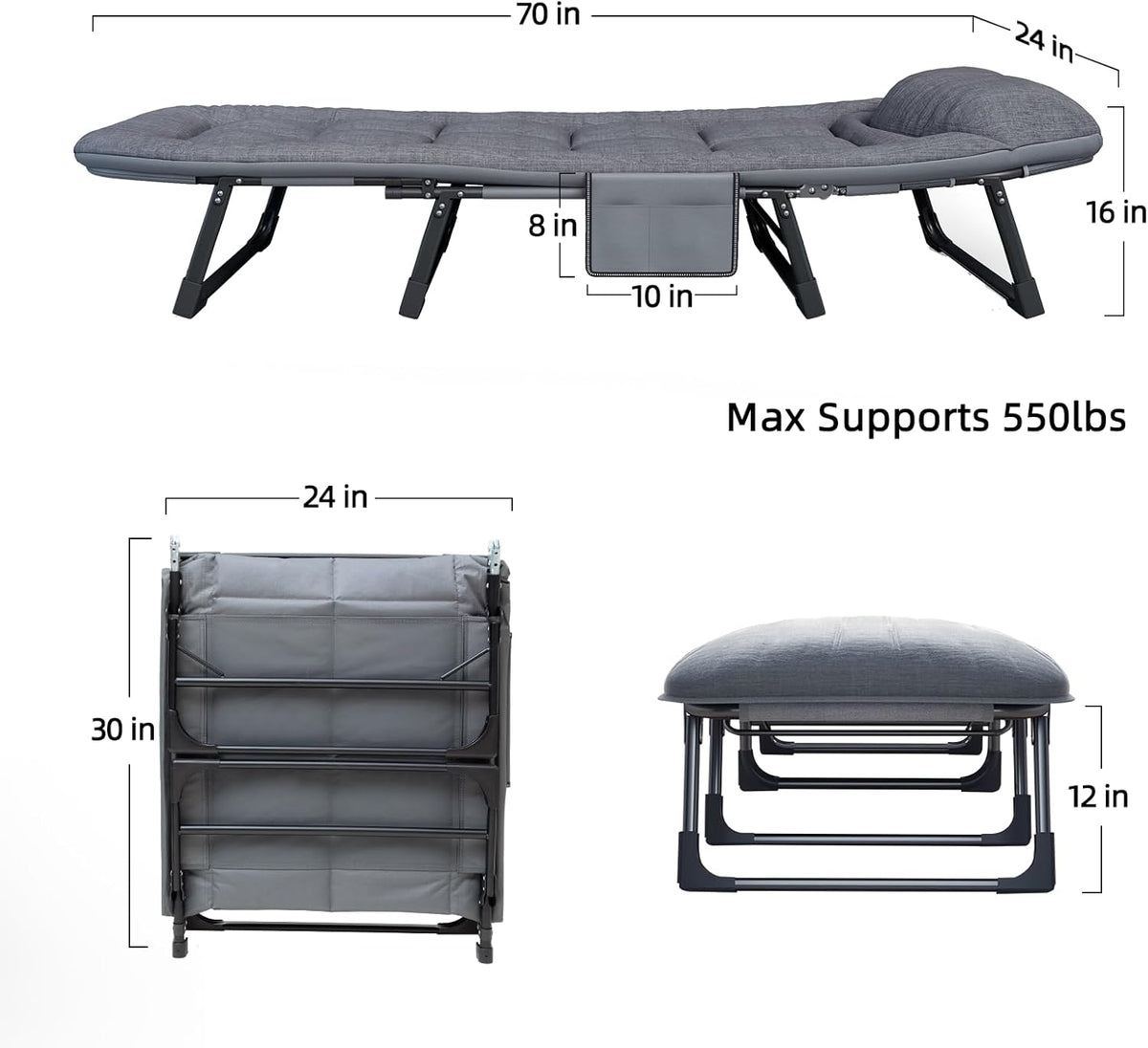 Adjustable Folding Camping Cot with Mattress(L''70in)
