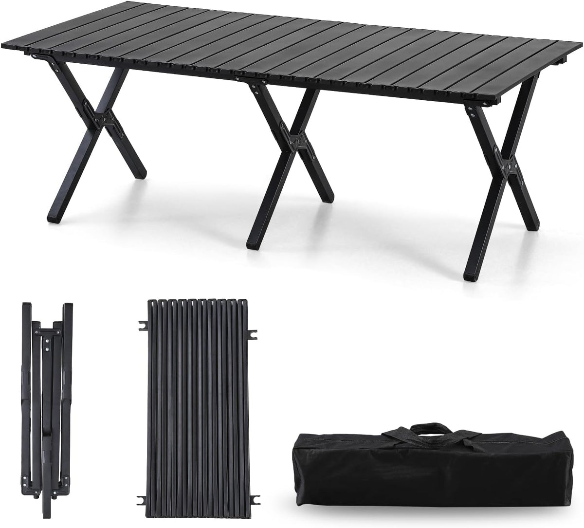 4Ft Aluminum Folding Camping Table, Portable Picnic Table, Outdoor Lightweight Collapsible Camp Table, Roll-up Camping Table for Beach,Party, Patio, BBQ, Travel, Backyard (Black Upgraded Version)
