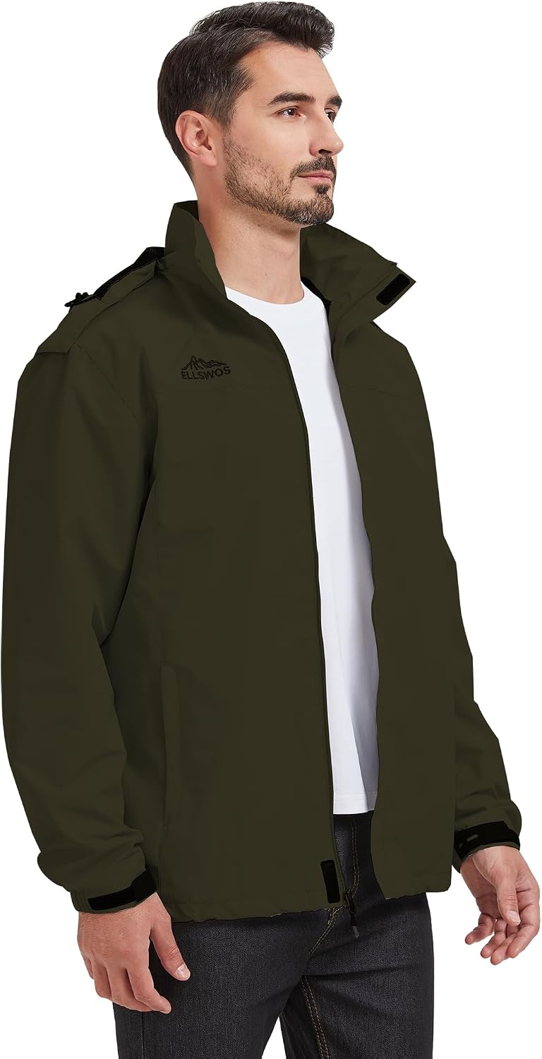 ELLSWOS Men's Lightweight Waterproof Rain Jacket with Detachable Hood