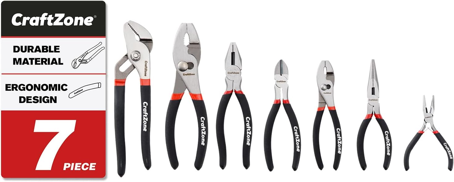7 Piece Professional Pliers Set With Long Nose, Linesman, Water Pump, Slip Joint And Diagonal Cutting Pliers, Heavy Duty Hand Tool Set For Electrical Work, Home DIY And Automotive Repair