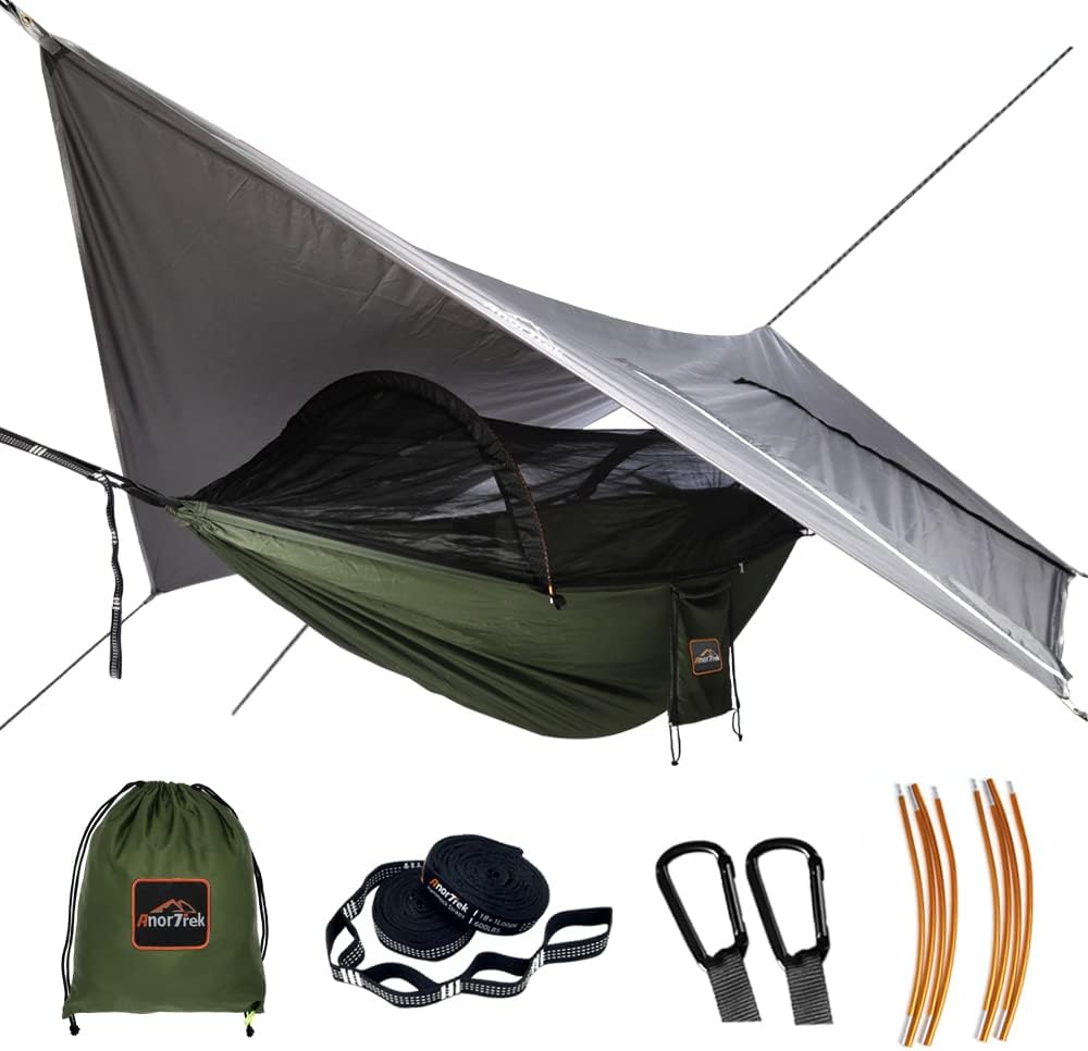 AnorTrek Camping Hammock with Mosquito Net and Rain Fly Tarp, Portable Double Hammock with Two Tree Straps, 230T Nylon Hammock and Waterproof Rain Fly Set for Hiking, Backpacking, Overnight (Green)