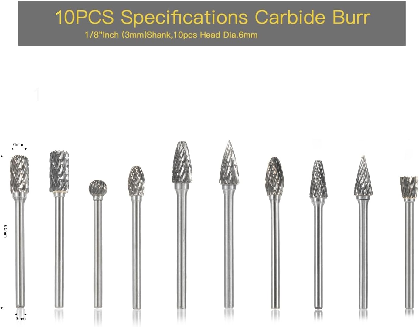 HIDOTOL Carbide Burr Set 10PC 1/8" Shank Tungsten Double Cut Carbide Rotary Burr Set for Metal and Wood Carving, Grinding, Polishing, Engraving, Drilling.
