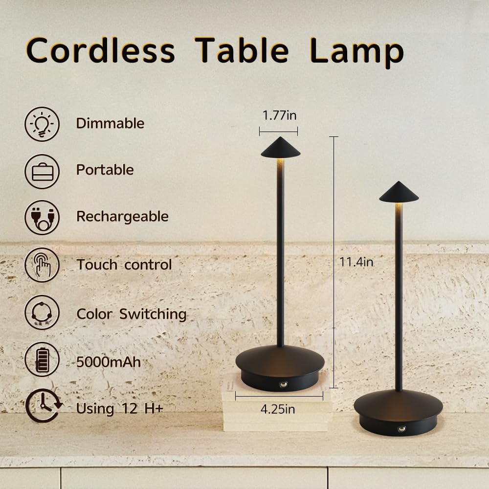2 Pack Aluminum Cordless Table Lamp, 6000mAh Rechargeable Table Lamps, Portable Touch LED Lamp, Outdoor Waterproof Dimmable Cordless Rechargeable Table Lamps for Restaurant/Patio- Black (BK-Black)