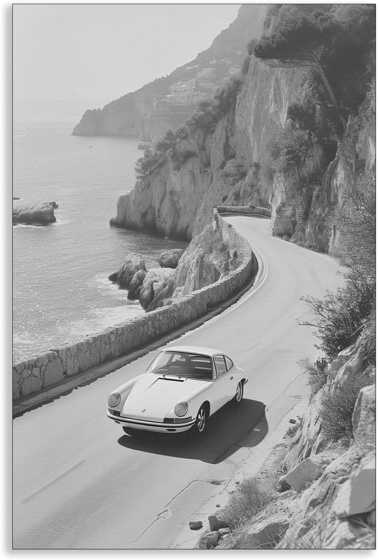 xbsifyiooa Black and White Photography Canvas Wall Art, Car Driving In Amalfi Coast Poster, Vintage Italy Coastal Travel Photo Print, Classic Car Picture for European Road Adventures 16x24in Unframed
