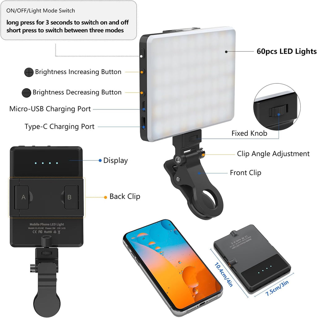 Selfie Light, Phone Light with Front & Back Clip, 60 LED Portable Light with 3 Modes, 5000mAh Rechargeable Video Light for Phone, iPhone, IPad, Laptop, TikTok, Makeup, Live Stream, Vlog(Black)