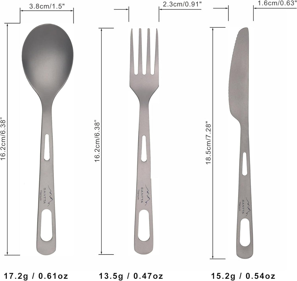 SANTTA Titanium Utensils-Spoon Fork Knife 3-PC Portable Cutlery Set