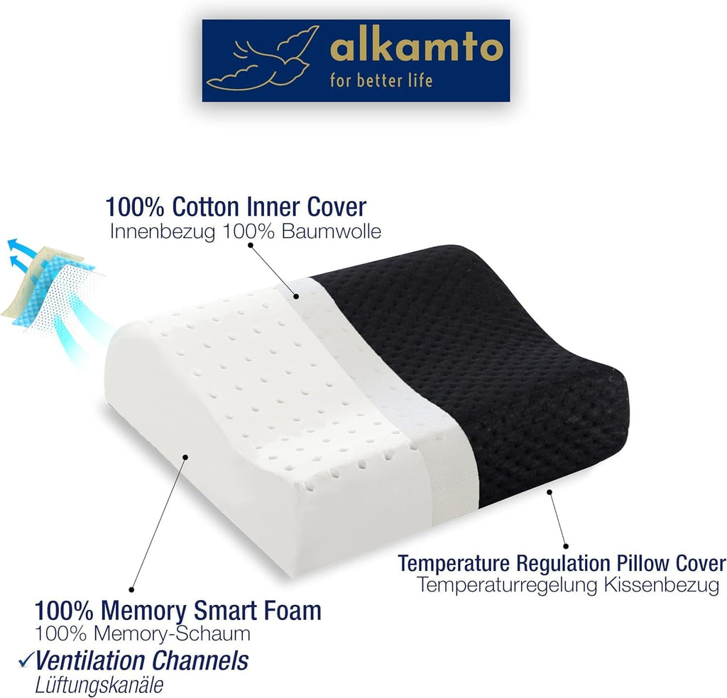 alkamto Travel & Camping Comfortable Memory Foam Pillow – Easy to Carry Portable Bag – Temperature Regulating Pillow Case (Black Contour)