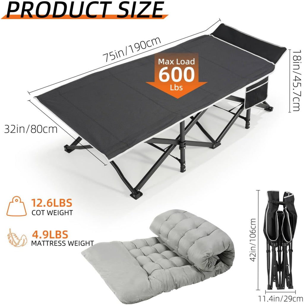 Fragess Portable Camping Cot, 32" Extra Wide Camping Cots for Adults with Thick Mattress, Heavy Duty Sleeping Cot Holds Up to 600LBS, Cots for Sleeping, Rv, Beach, Patio, Office Naps(Grey)