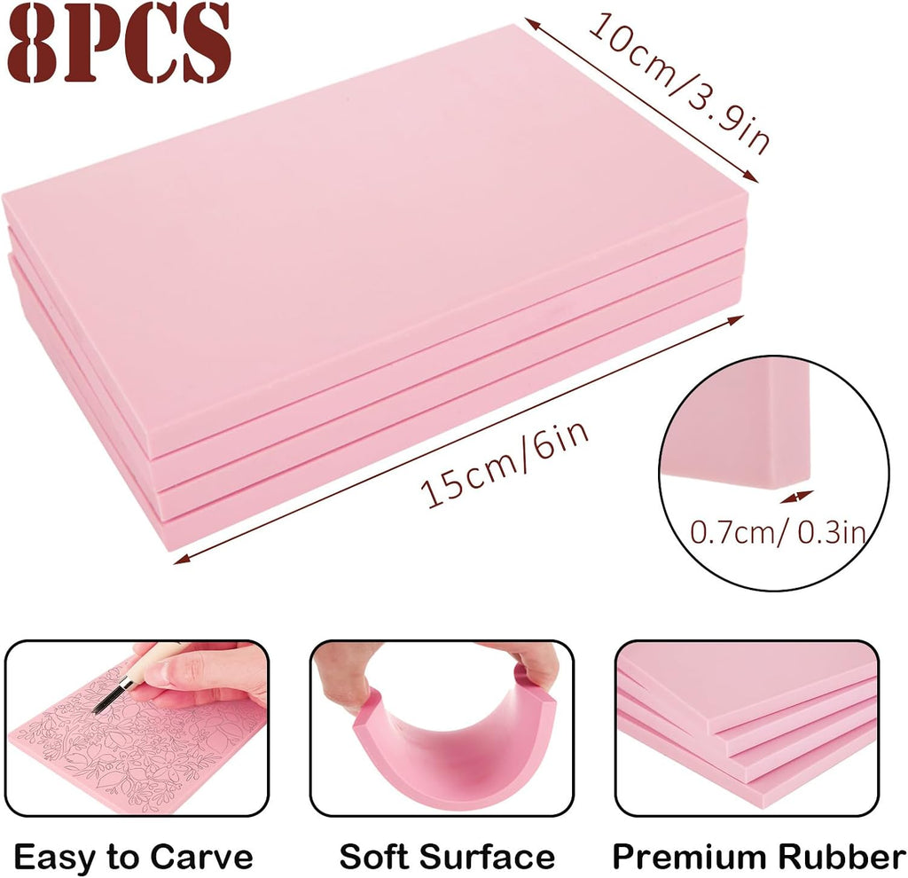 8PCS 4x6 Inch Linoleum Carving Blocks for Printmaking, Rubber Linocut Block Stamp Making Kit with Wood Carving Tools and Rubber Brayer Roller, Soft Stamp Carving Kit for DIY Crafts
