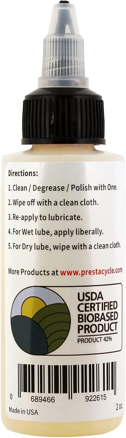 Prestacycle One Liquid, Bike Chain Lubricant and Cleaner, All-in-One Bicycle Lube, Degreaser, Paint Protectant, Metal Polish & Rust Remover, Without Alcohol or Petroleum