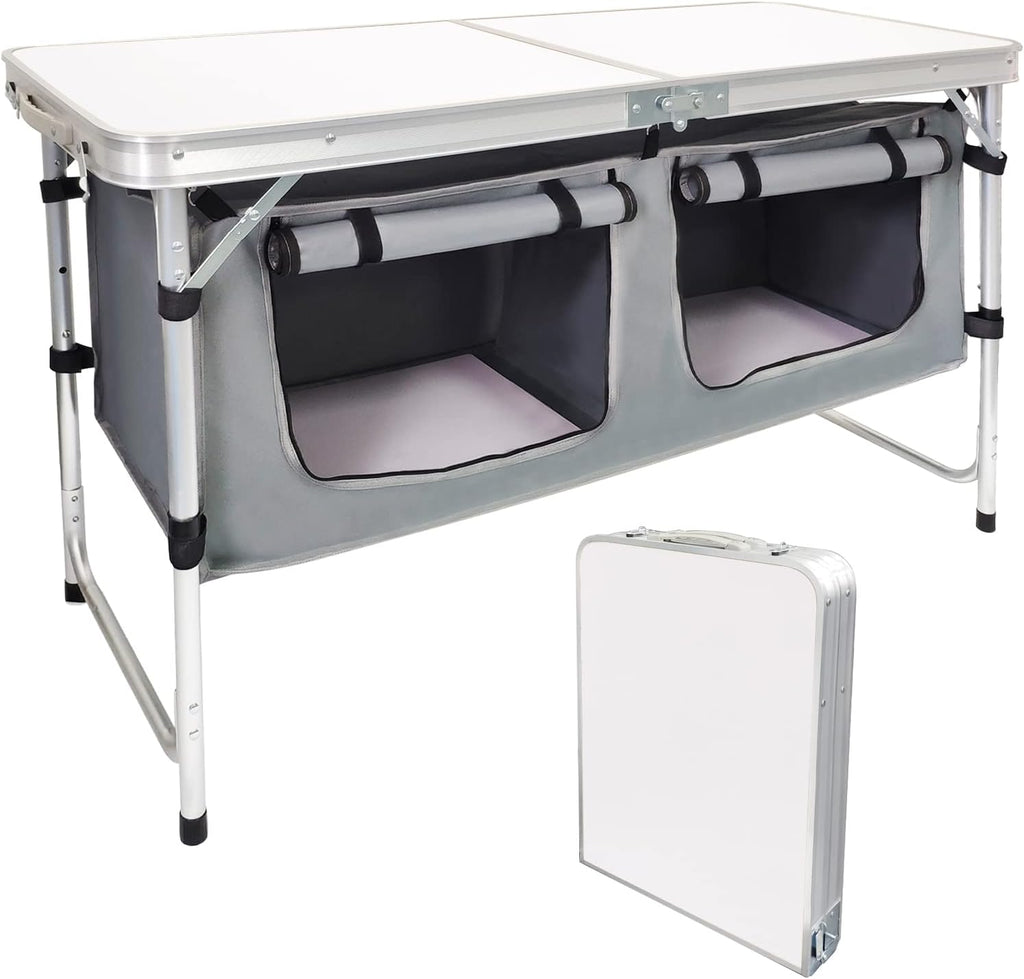 Folding Camping Table with Storage, Adjustable Height