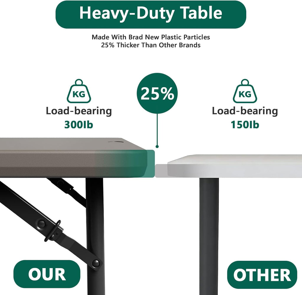 4FT Folding Table, Adjustable Height Fold-in-Half Table with Handle, Khaki