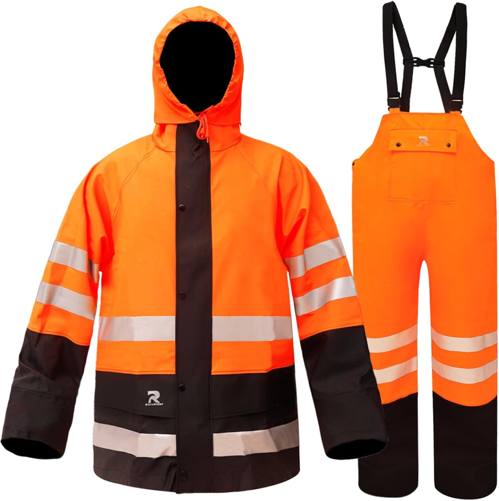 RainRider Rain Suits Waterproof for Men Women Heavy Duty Rain Gear Reflective Jacket Bib Pants 3 Pieces Rainwear