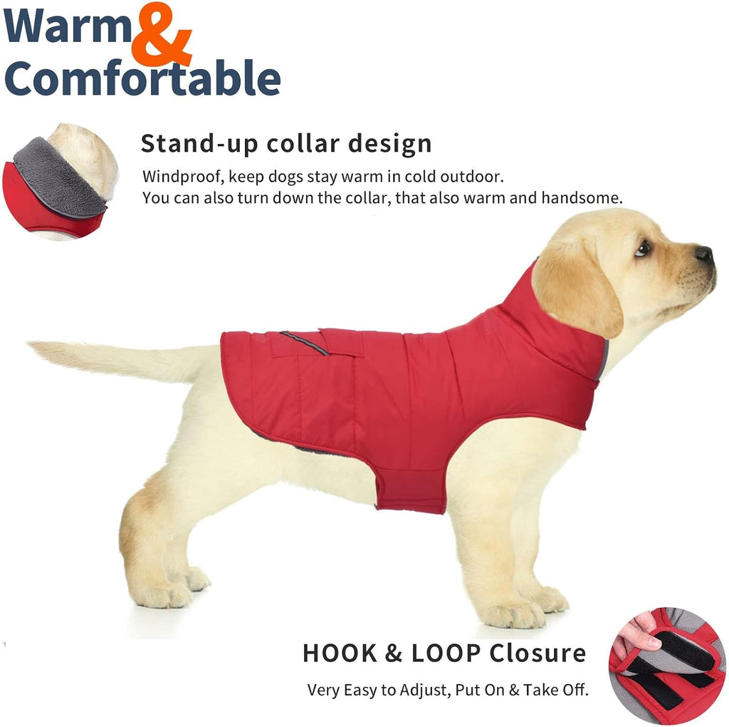 Petglad Dog Coat, Waterproof Dog Winter Jacket with Pocket, Reflective Adjustable Pet Snow Vest, Warm Cozy Fleece Sweater for Small Medium Extra Large Dogs - Red, S