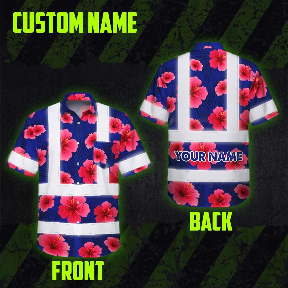 High Visibility Hawaiian Shirt for Men Tropical Shirts Custom Name Floral Outfit Reflective Safety Workwear