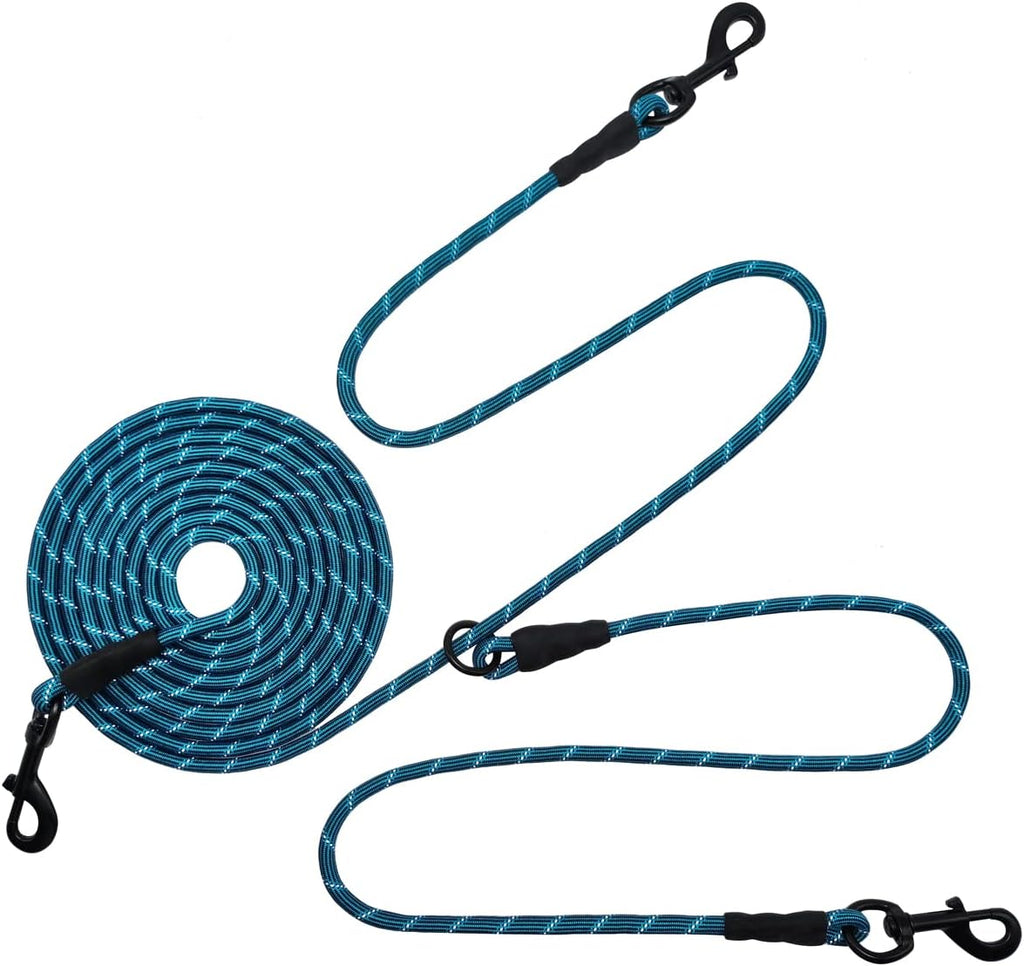 BTINESFUL 12FT 20FT 30FT 50FT Reflective Dog Tie Out for 2 Dogs, No Tangle 1/3 Inch Nylon Rope Long Tether for Two Dogs, Dog Trolley Runner for Yard Outdoor Camping (30ft x 1/3", Blue)