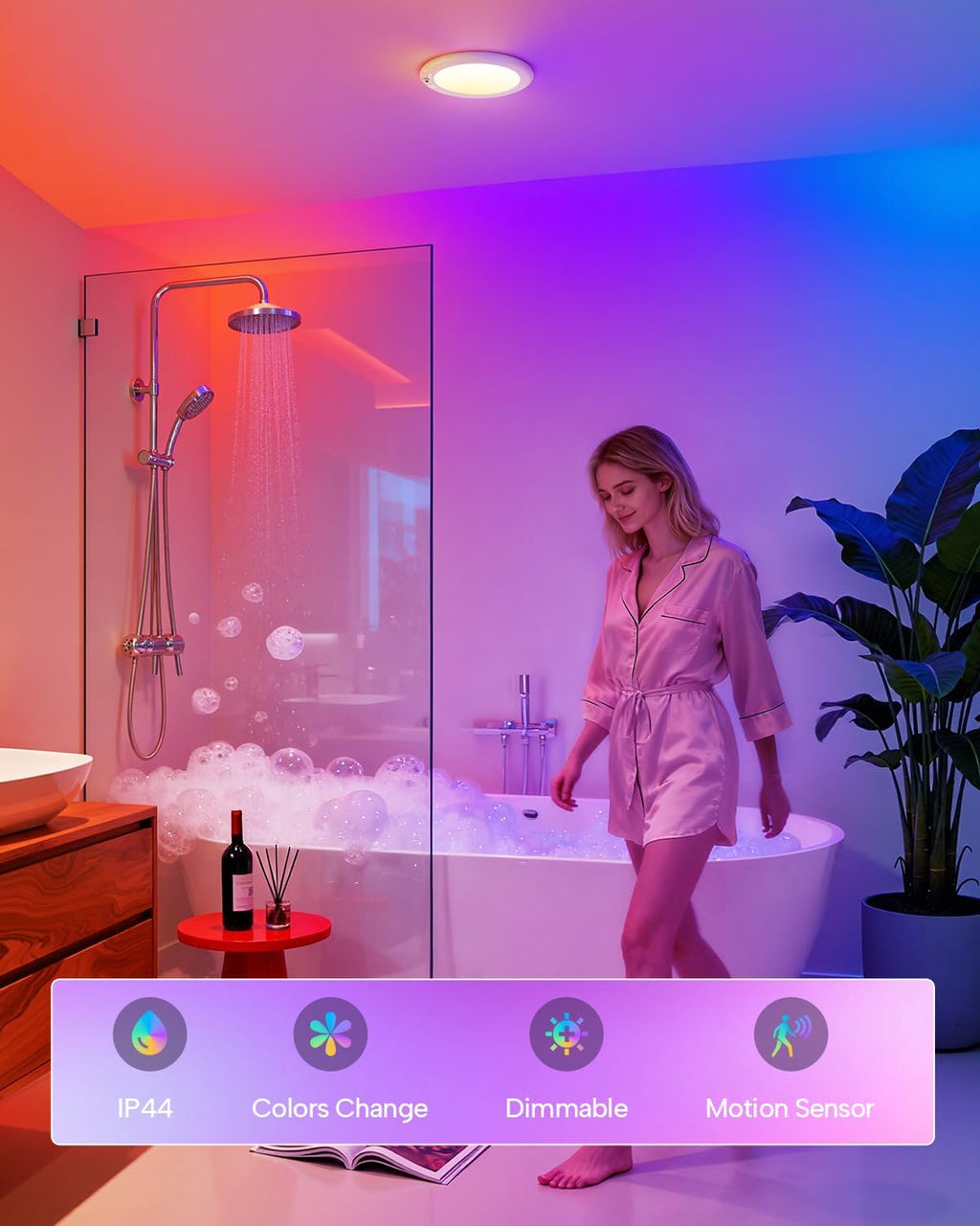 wowatt RGB Rechargeable Shower Lights for Inside Shower Waterproof IP44