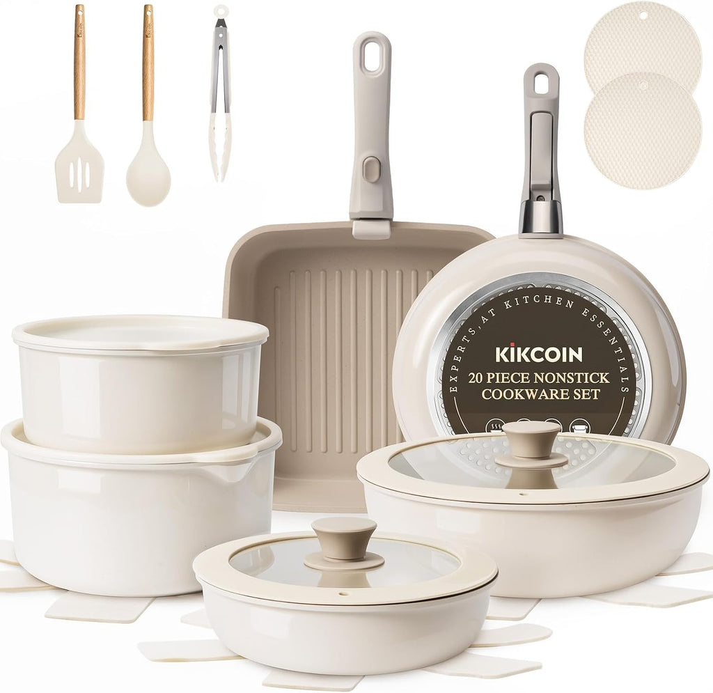 KIKCOIN Nonstick Pots and Pans Set - 22 Pack Cookware Set with Detachable/Removable Handle - Kitchen Cooking Set with Frying Pans, Grill Pan - Stackable, Dishwasher/Oven Safe, Induction Ready