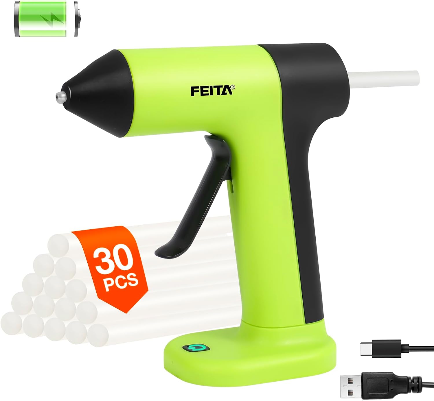 FEITA Cordless USB Rechargeable 2650mAh Mini Wireless Hot Melt Glue Gun Kit - With 30pcs Glue Sticks for Crafts, Arts, Home DIY Repairs