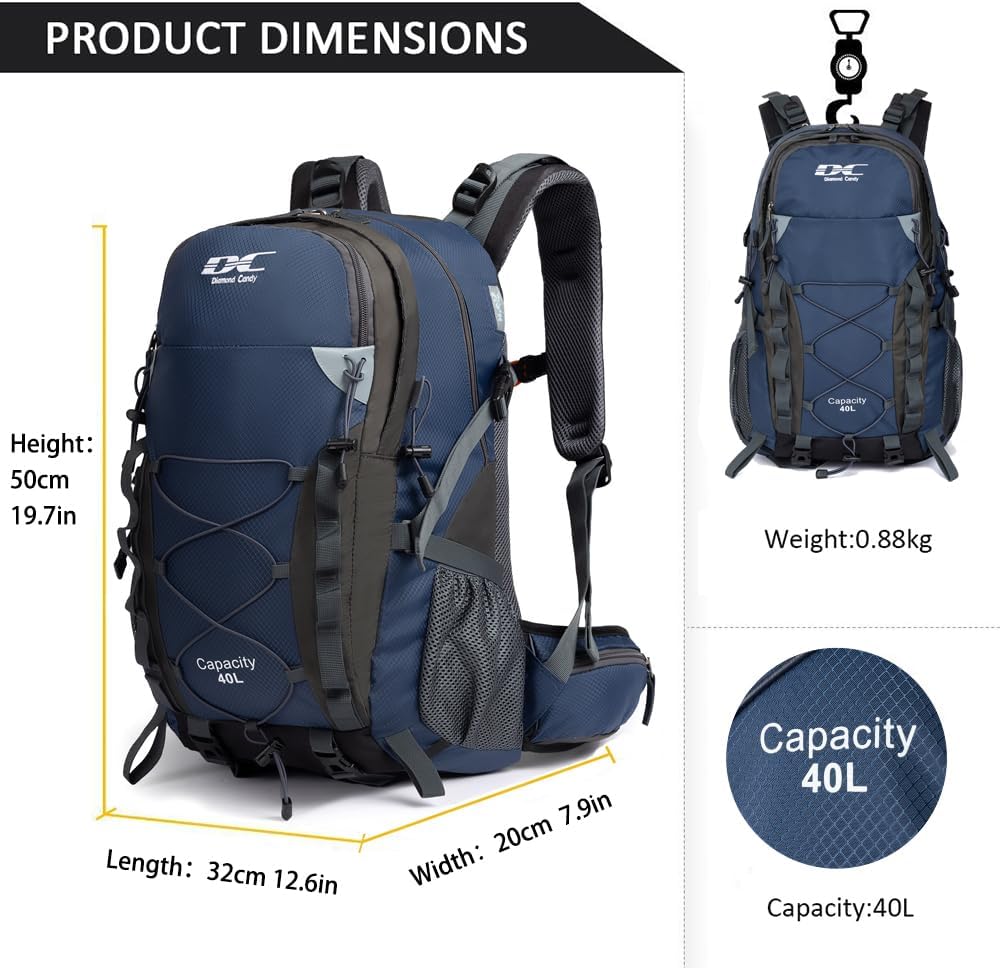 Diamond Candy 40L Hiking Backpack Waterproof Daypack for Men and Women