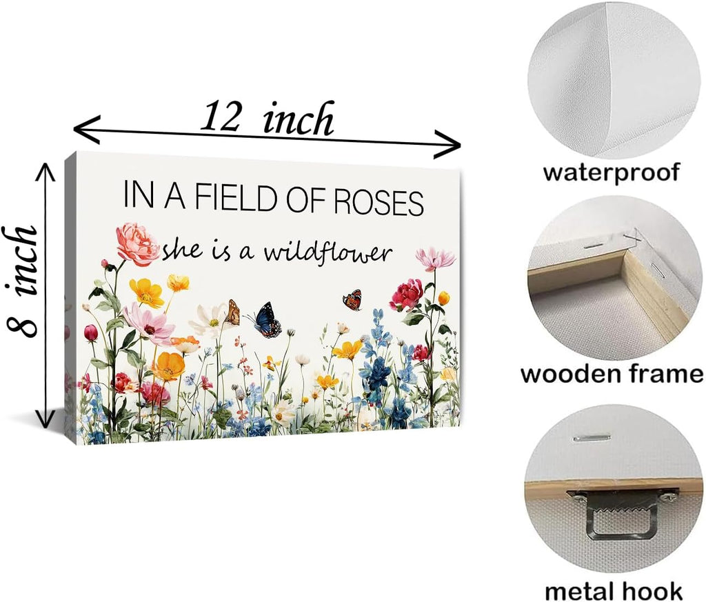 In a Field of Roses She is a Wildflower Nursery Canvas Wall Art Decor for Baby Girl Room Pink Toddler Poster Children's Floral Boho Bedroom Framed 8 * 12 Inch