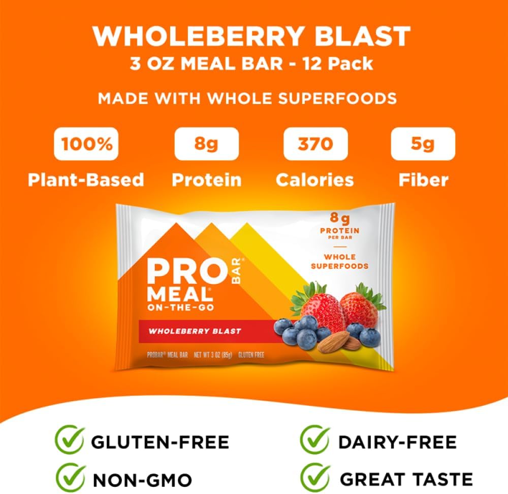 PROBAR MEAL Bar – Plant Based Meal Replacement Bar with Whole Food Ingredients, Oats, Nuts & Seeds, Vegan, Gluten Free, Non-GMO Nutrition Bar for Breakfast, Travel & On-the-Go Energy (Wholeberry Blast, 12 Count)