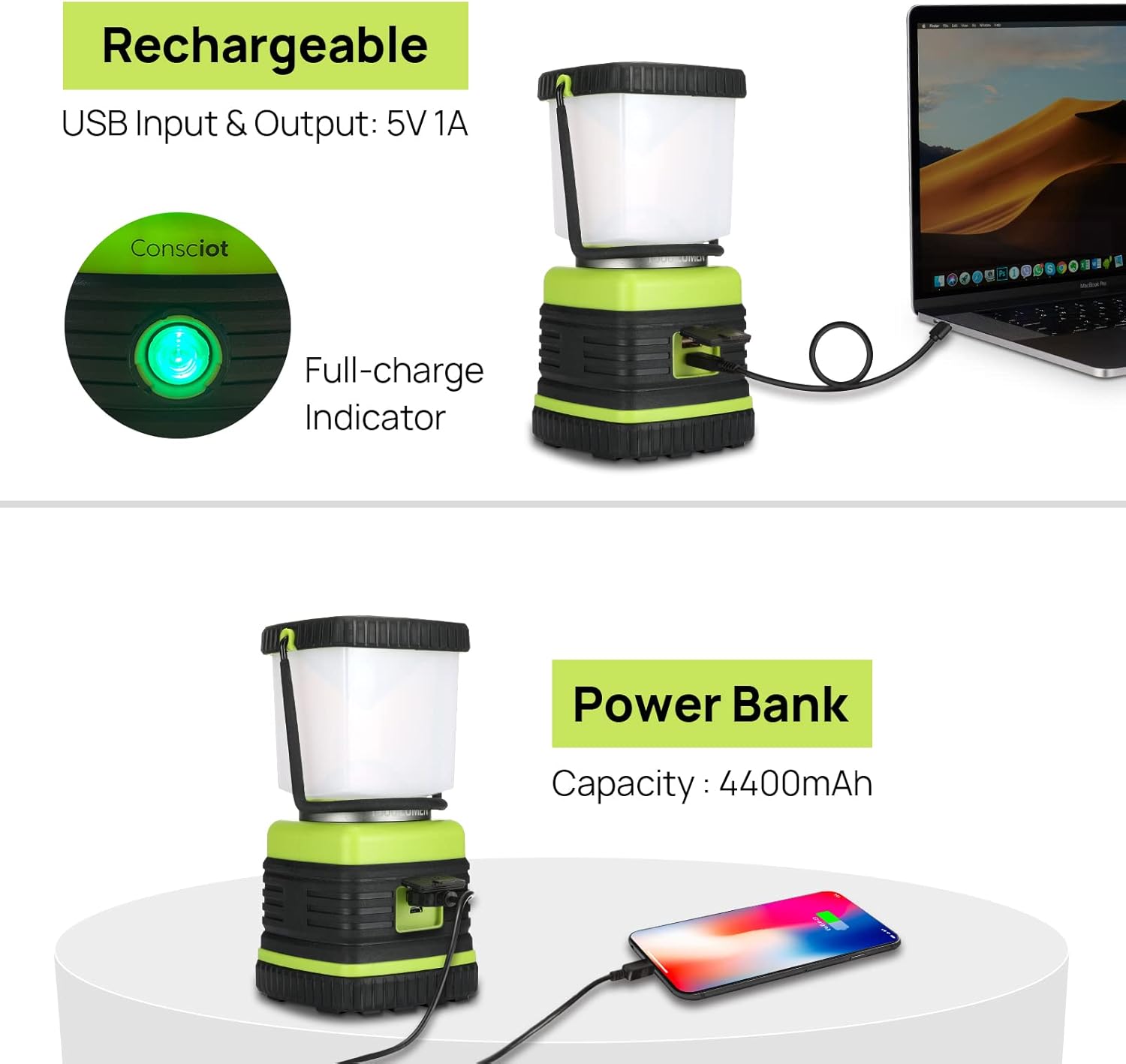 Consciot 1000LM LED Camping Lantern Rechargeable, 4 Light Modes, Dimmable