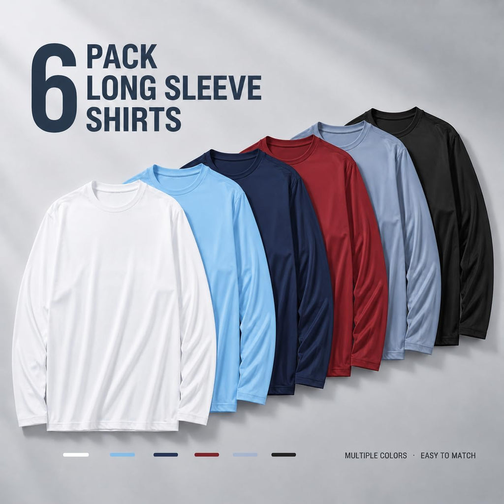 OYGSieg 6 Pack Long Shirts for Men Quick Dry Sun Protection Tee Shirts | Quick dry, Breathable, Moisture wicking, UPF, UV Protection, Lightweight for Daily Work and Outdoor Athletic Wear