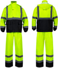Class 3 High Visibility Rain Suit With Detachable Hood Waterproof Lime Reflective Safety Worker Jacket & Pants (L/XL Yellow)