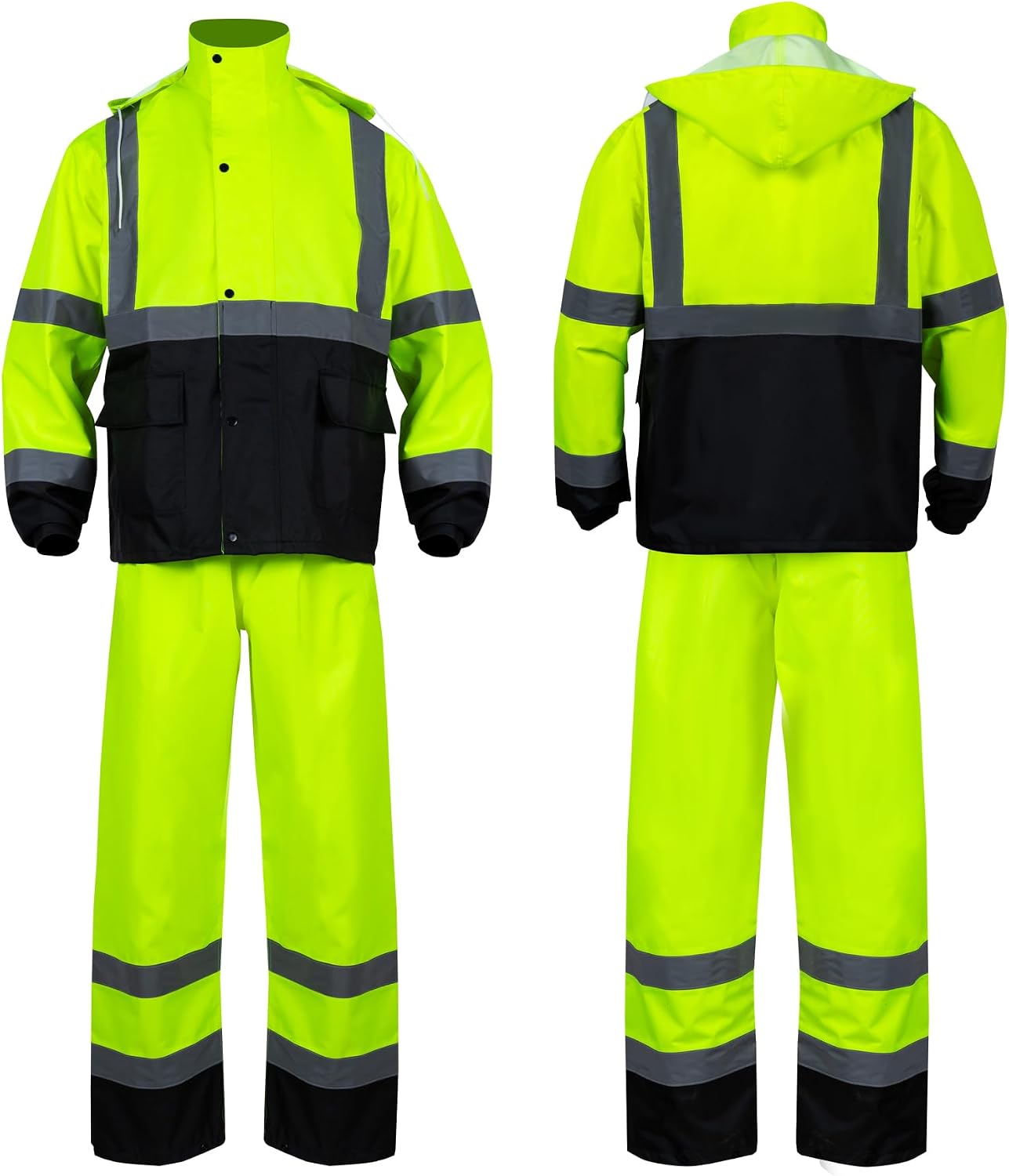 Class 3 High Visibility Rain Suit With Detachable Hood Waterproof Lime Reflective Safety Worker Jacket & Pants (L/XL Yellow)