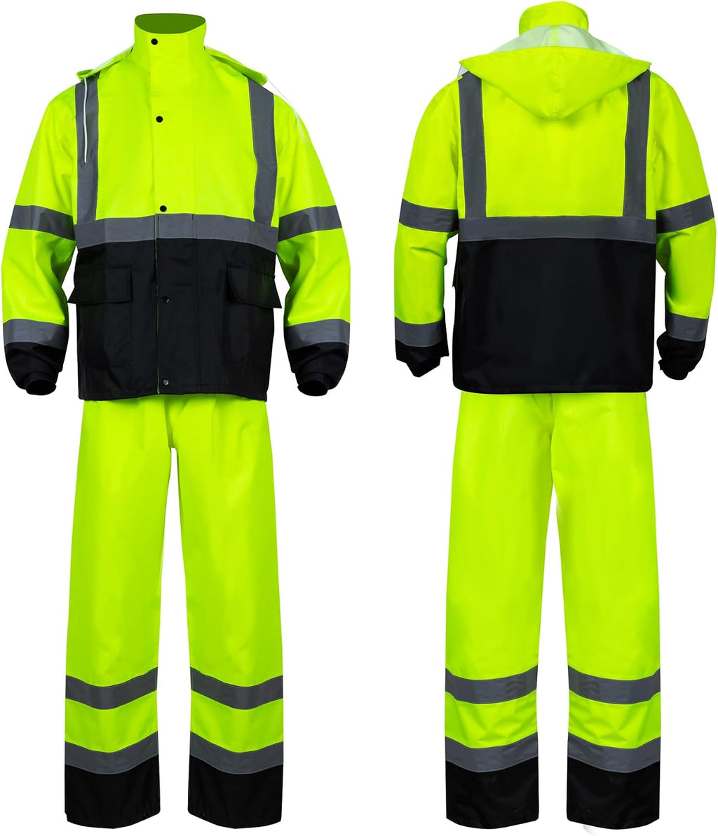 FONIRRA Class 3 High Visibility Rain Suit With Collapsible Hood Lime Reflective Safety Waterproof Worker Jacket & Pants (2XL/3XL Yellow)