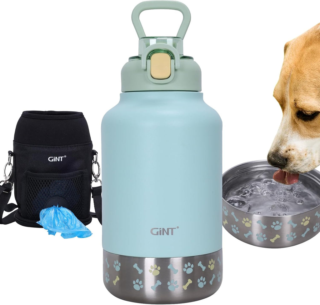 GiNT 37oz / 1.1L Insulated Dog Water Bottle with Carrying Case, Green