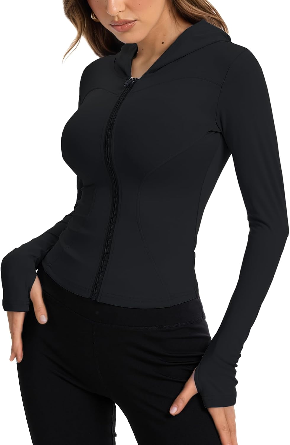 Women Bbl Jackets with Hood Compression Workout Tops Lined or Unlined Lightweight Yoga Gym Jacket with Thumb Hole