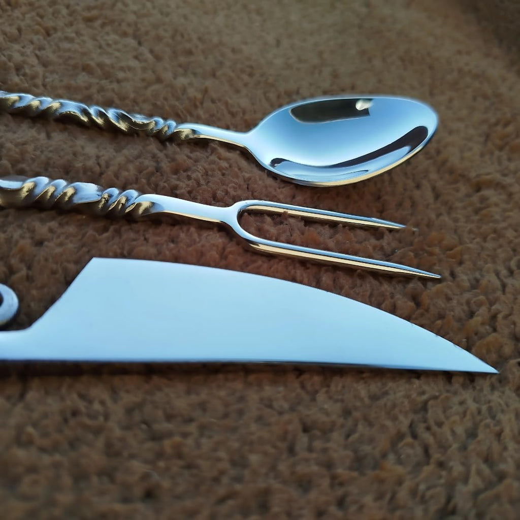 Hand Forged Medieval Cutlery Set - Viking Silverware Set With Leather Cover
