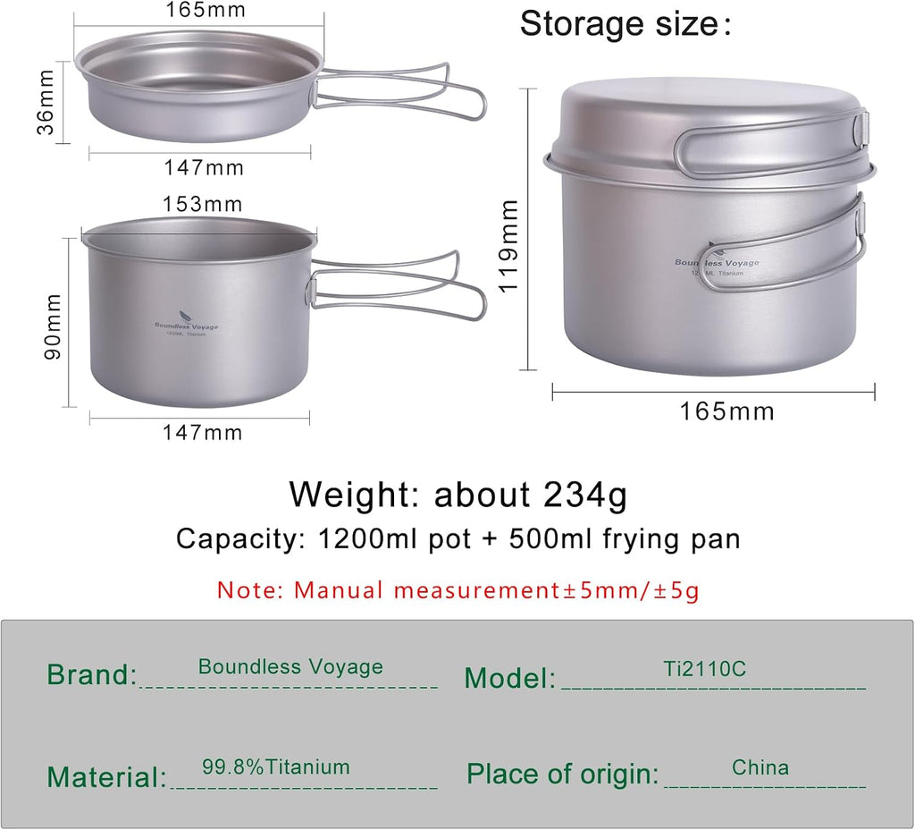 Boundless Voyage Outdoor Titanium Pot with Pan Set with Collapsible Folding Handle for Outdoor Camping Cooking Hiking Backpacking Portable Cookware