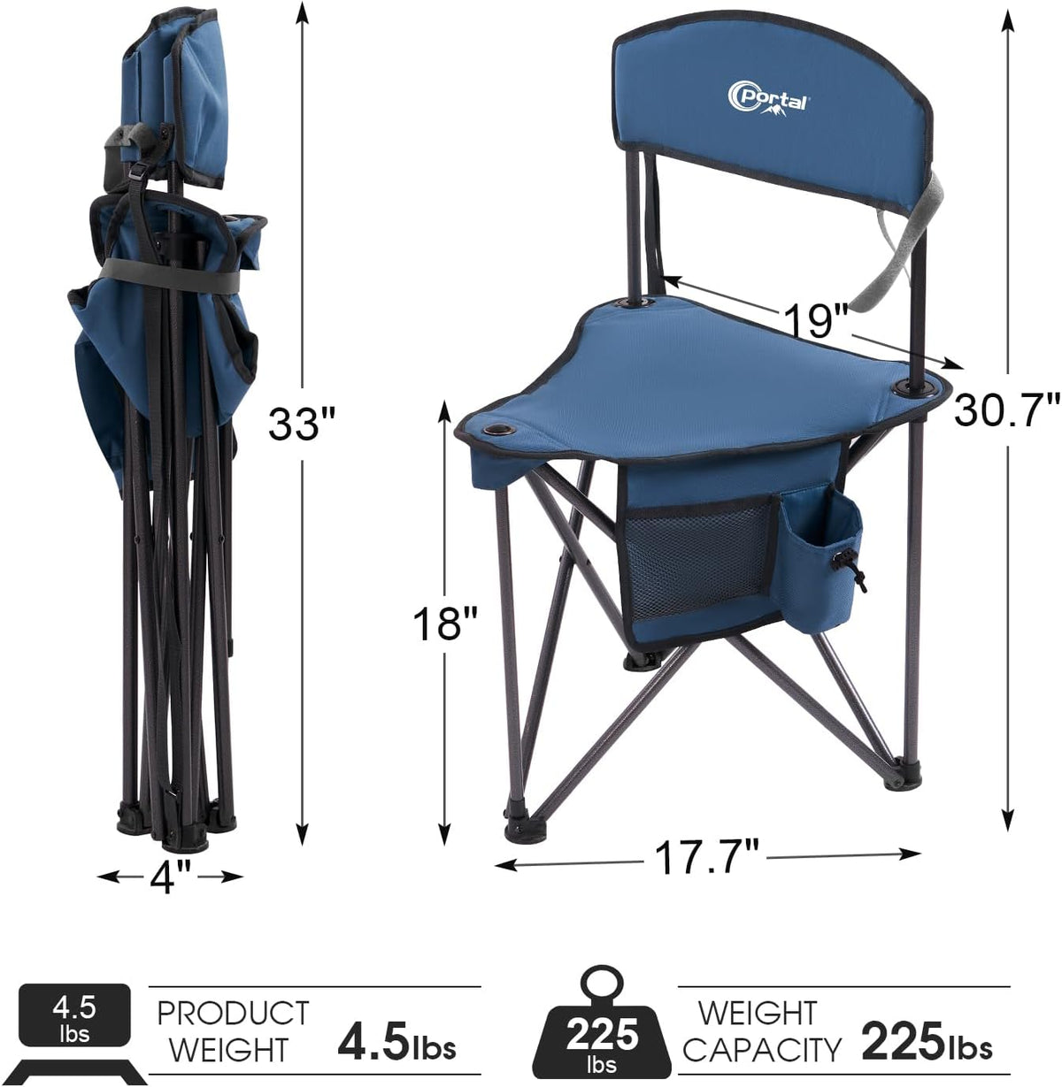 Portal Extra Large Quick Folding Tripod Stool with Backrest Fishing Camping Chair with Carry Strap